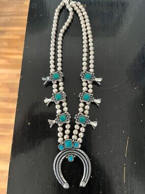 Vintage Signed Sancrest R Faux Turquoise Squash Blossom Necklace
